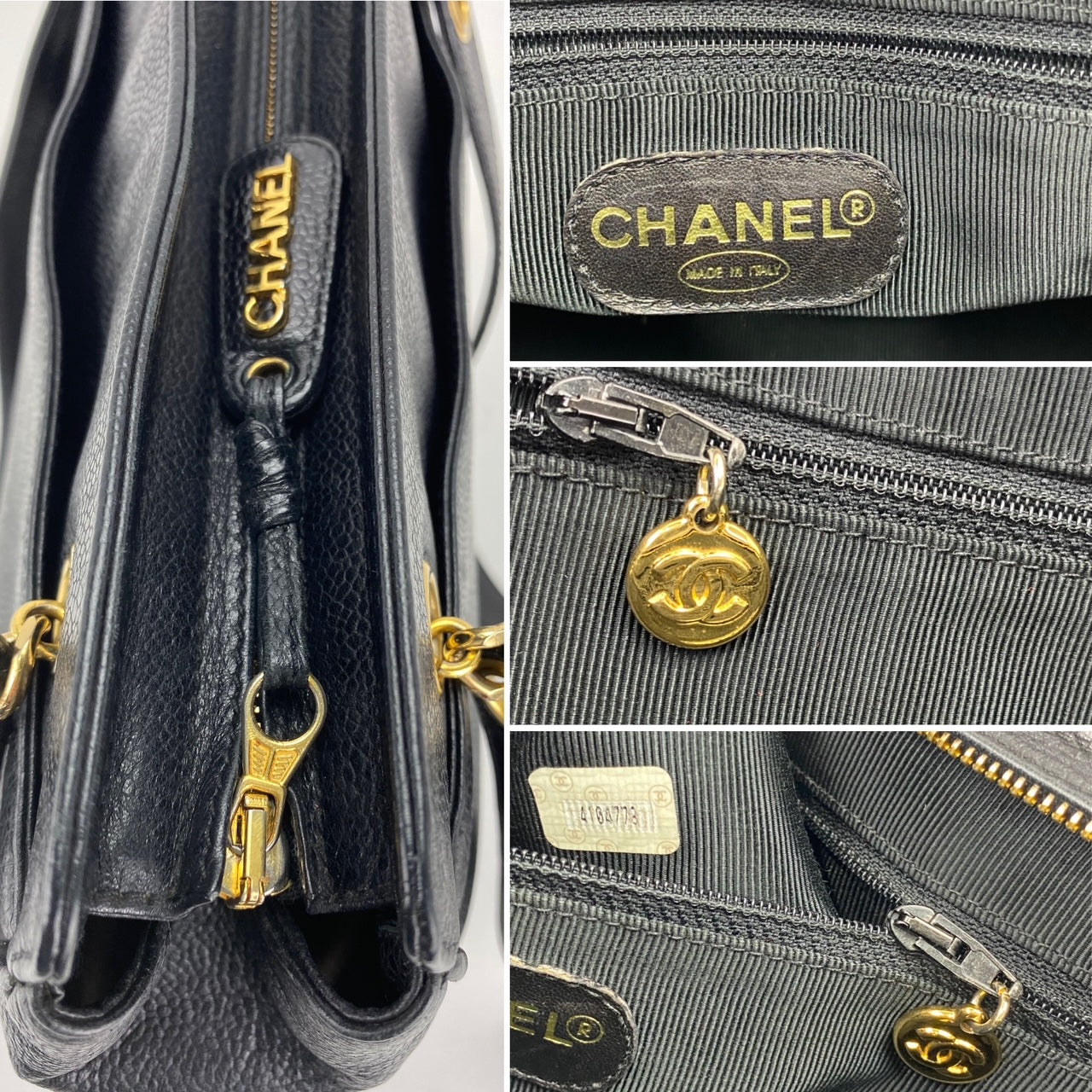 CHANEL Vintage Black Caviar Leather CC Zip Tote Shoulder Bag w/added insert Pre owned