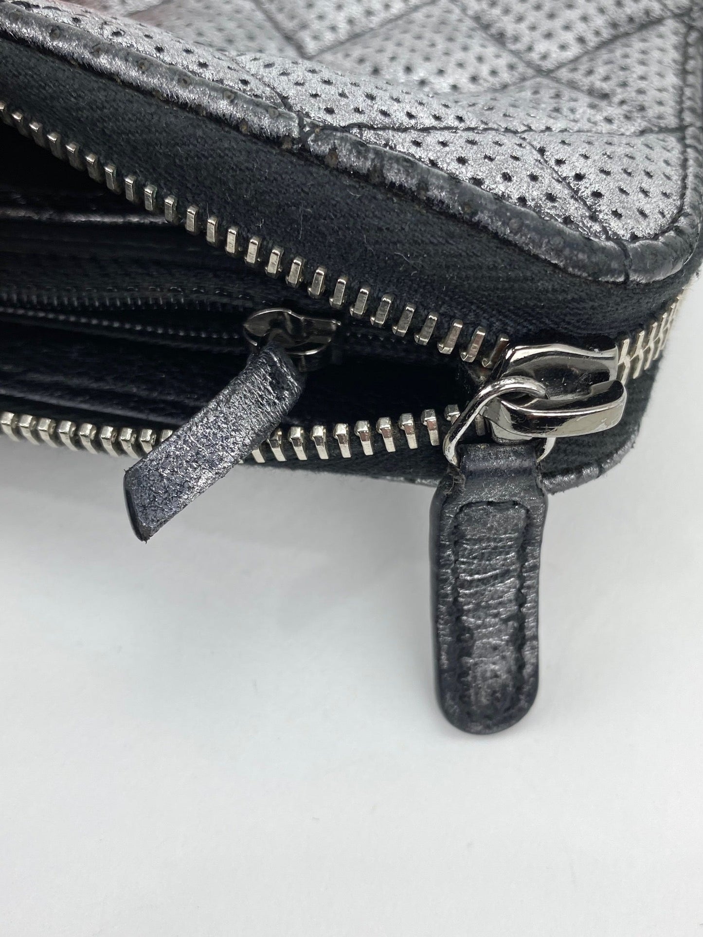 Chanel Perforated Silver Metallic Lambskin Quilted Zip Around Wallet Clutch