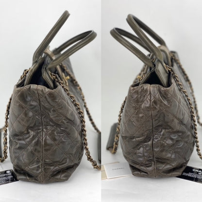 CHANEL Glazed Calfskin Shagreen Large Bindi CC Grey Tote Hand Bag