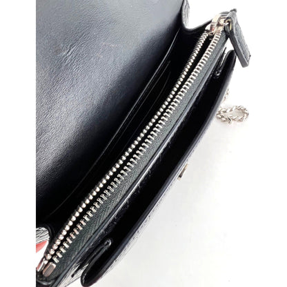 Saint Laurent Black Leather Sunset Wallet on a Chain Crocodile Embossed Bag