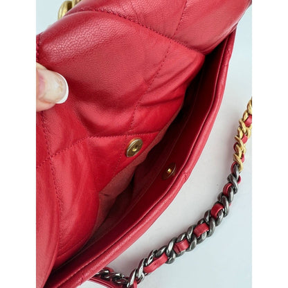 Chanel 19 Large Quilted Goatskin Silver and Gold Red Flap Bag